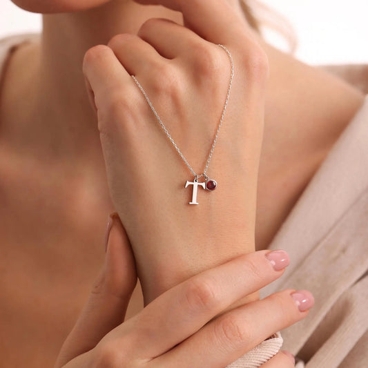 Dainty Serif Initial & Birthstone Necklace