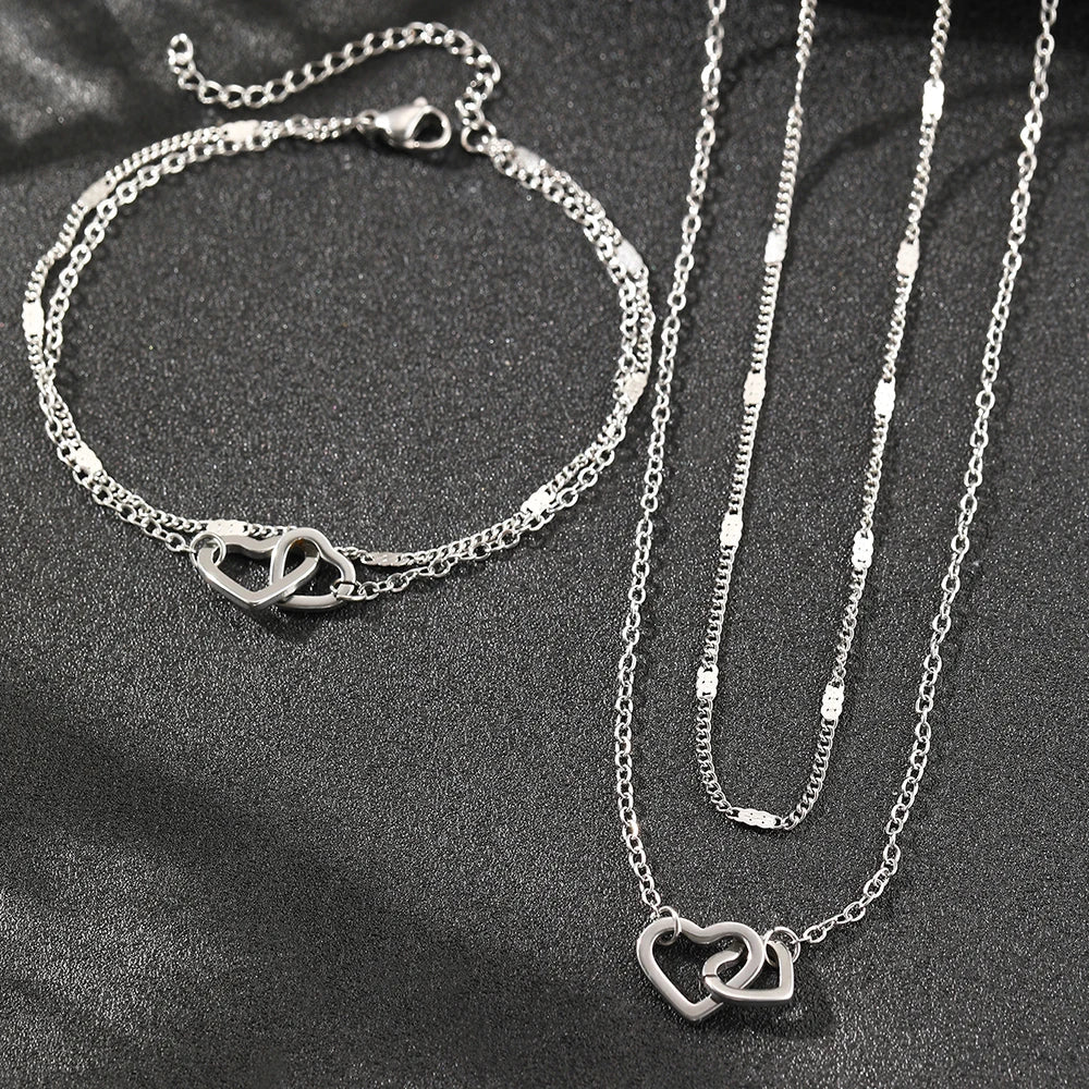 Dainty Curb & Chain Link Dual Heart Necklace and Bracelet Set