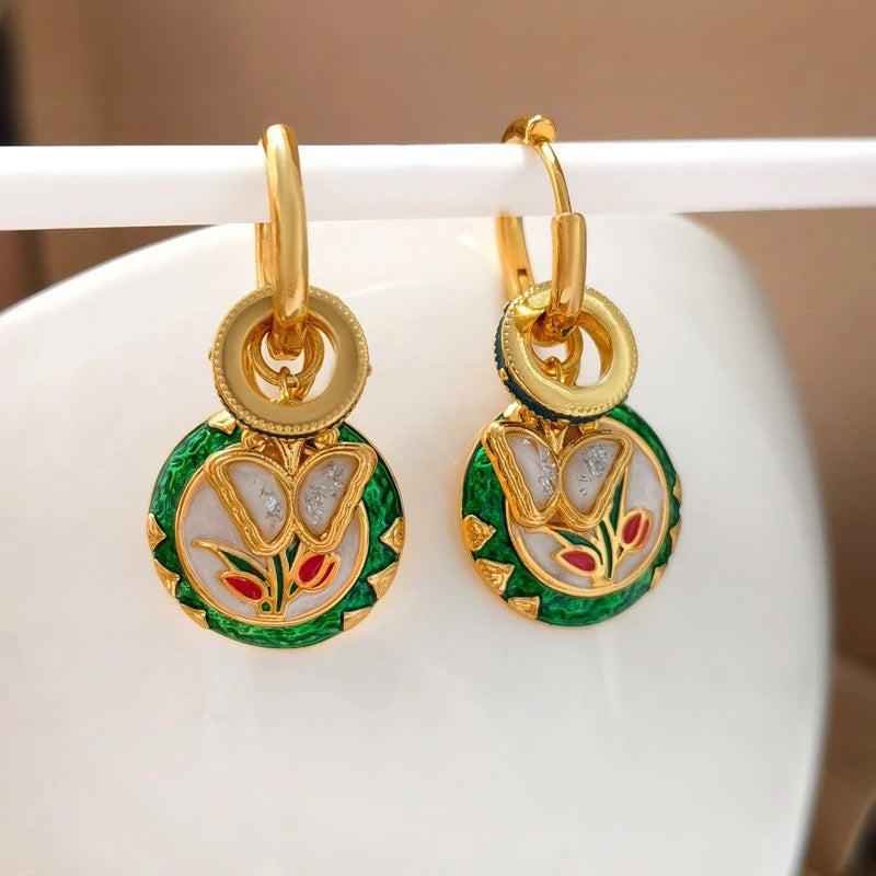 Dainty Butterfly Floral Disc Golden Huggie Hoop Earrings