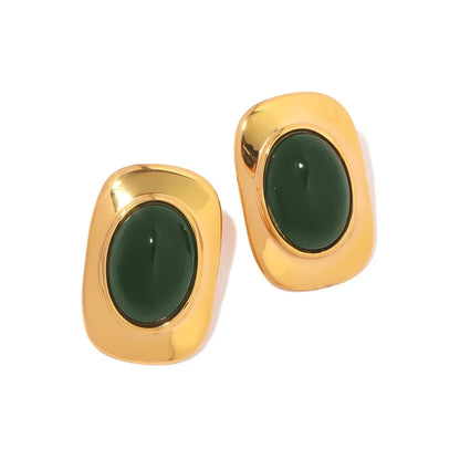 18k Green Oval Opal Rectangle Earrings