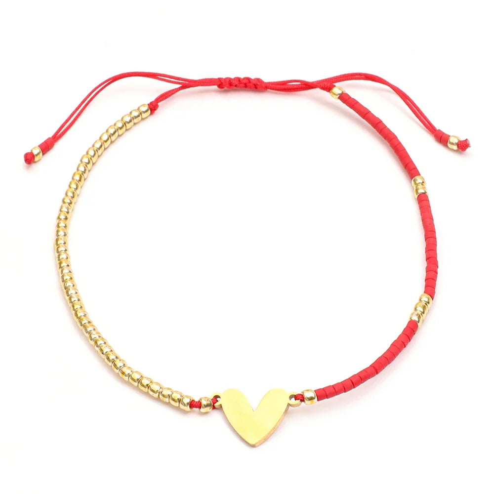 Adjustable Dainty Beaded Flat Heart Bracelet