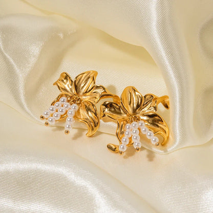 Elegant Lily Floral Pearl Earrings