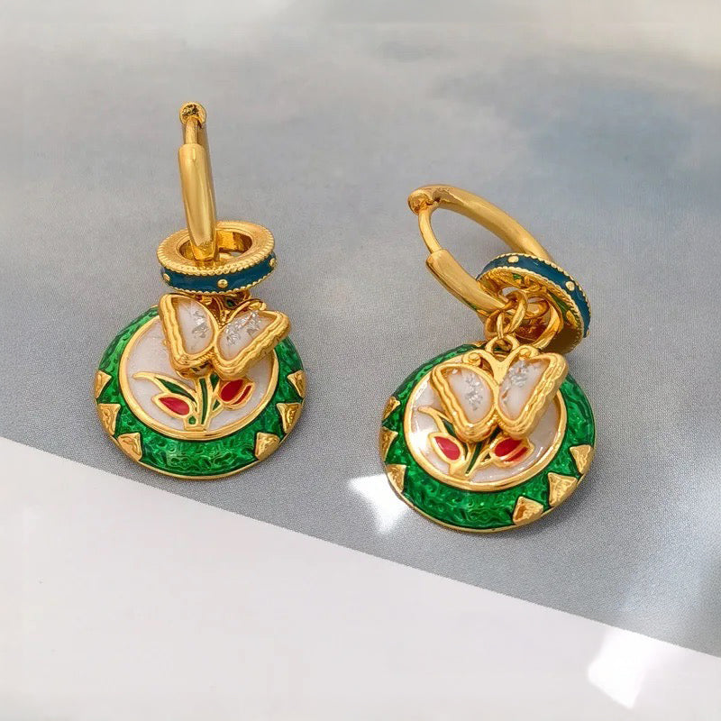 Dainty Butterfly Floral Disc Golden Huggie Hoop Earrings