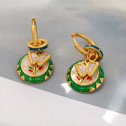 Dainty Butterfly Floral Disc Golden Huggie Hoop Earrings