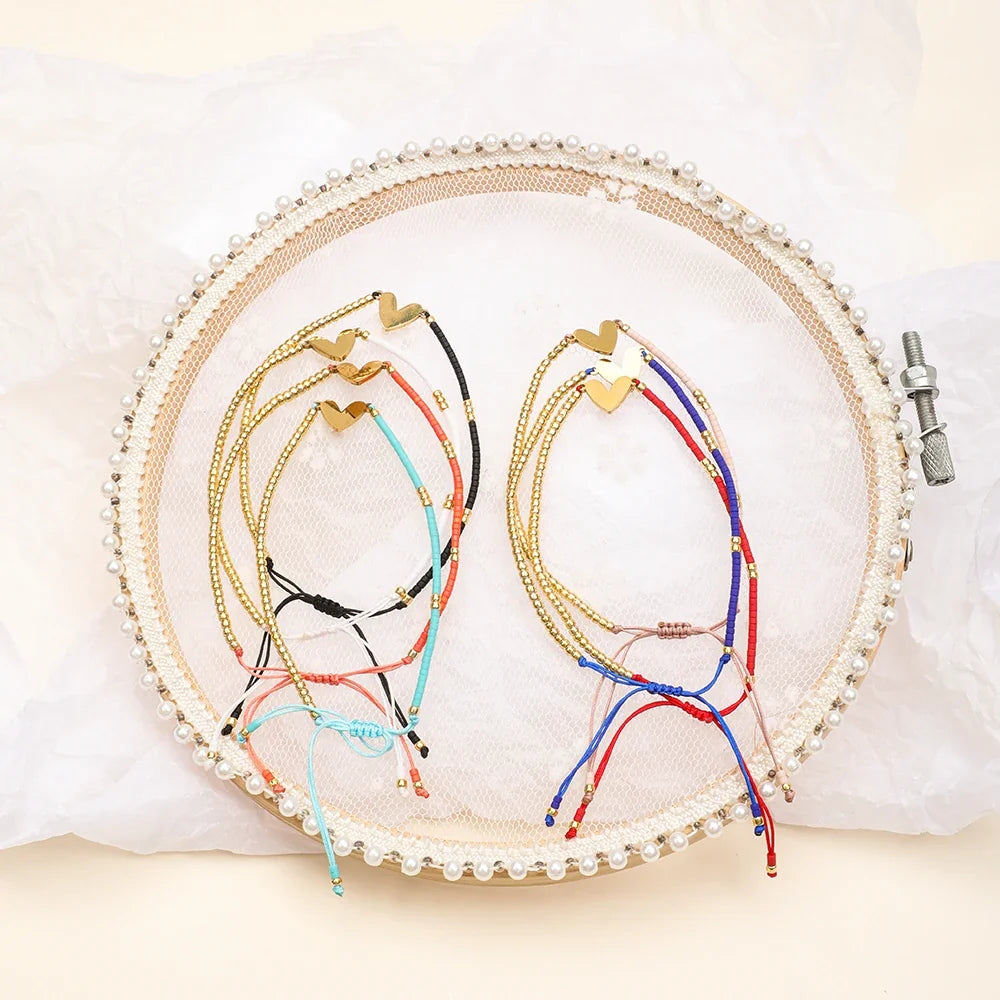 Adjustable Dainty Beaded Flat Heart Bracelet