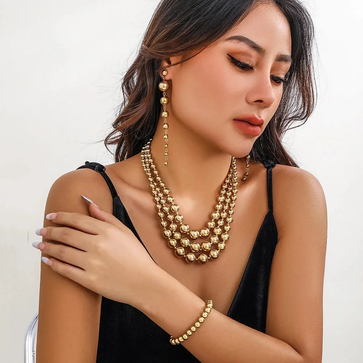 Bold Triple Stack Dangle Earrings, Necklace, Bracelet Set