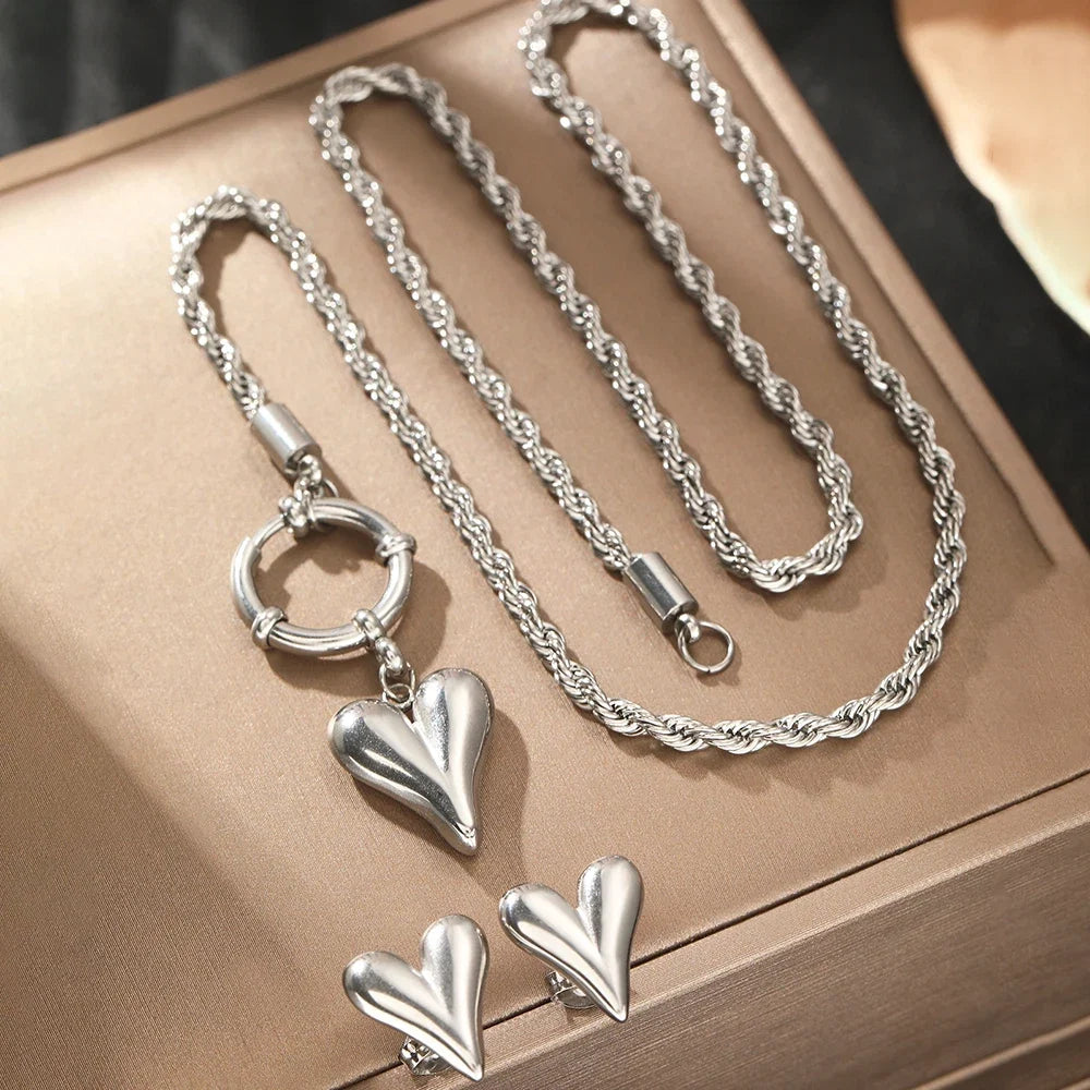 Rope Chain Anchor Clasp Heart Necklace and Earring Set