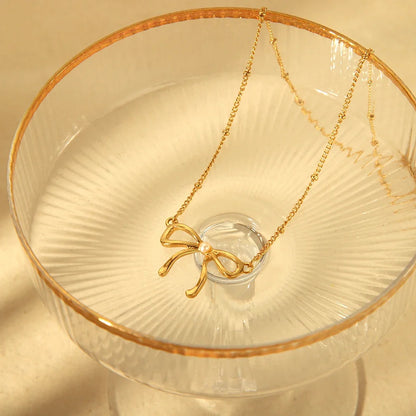 18k Feminine Bow Herringbone & Dainty Pearl Necklace