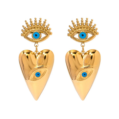 18k Evil Eye Heart Dangle Earrings