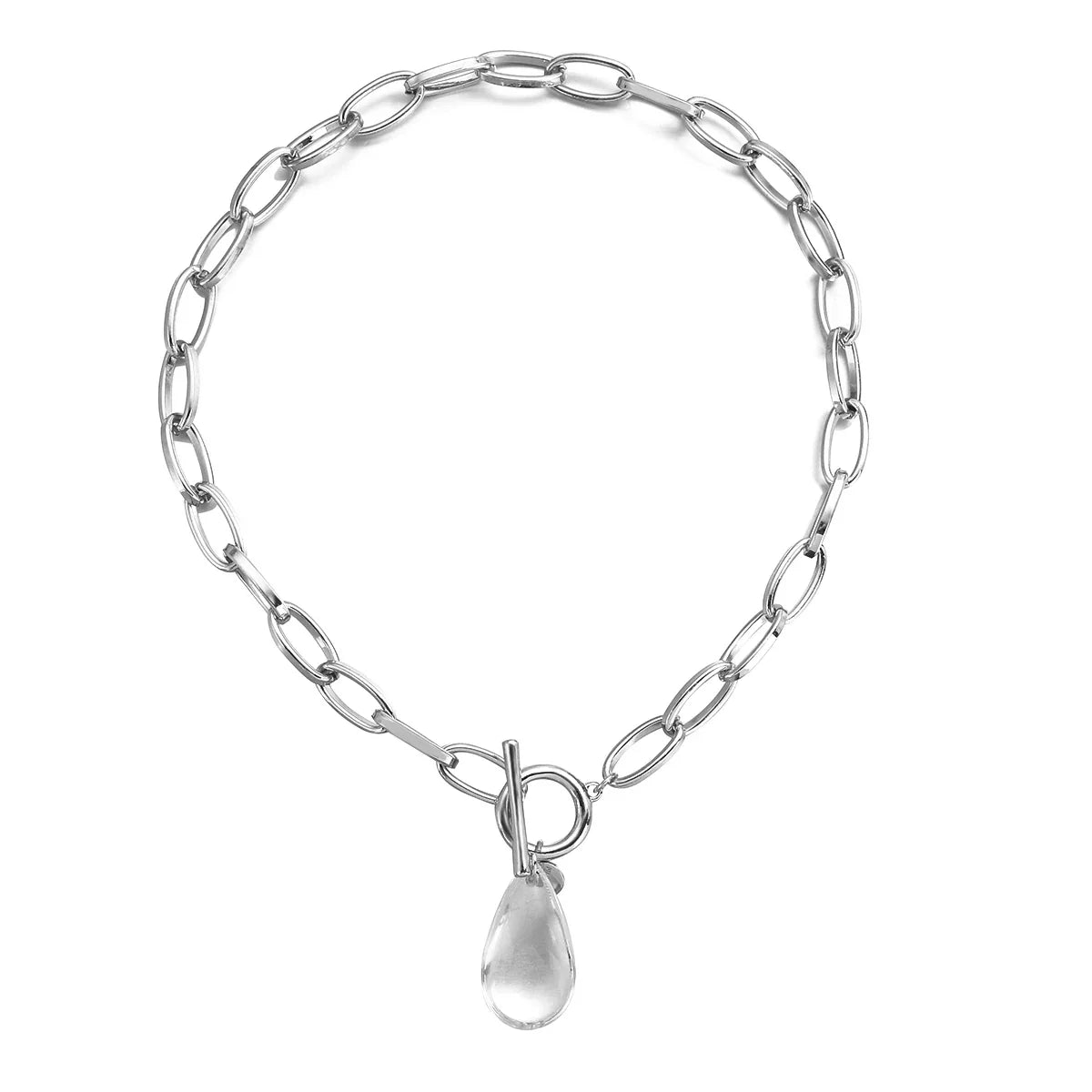 Chunky Paperclip Crystal Waterdrop Circle Bar Clasp Necklace