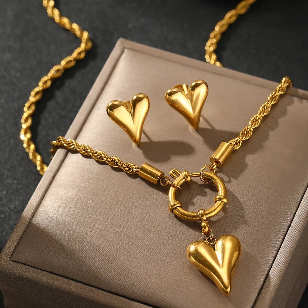 Rope Chain Anchor Clasp Heart Necklace and Earring Set