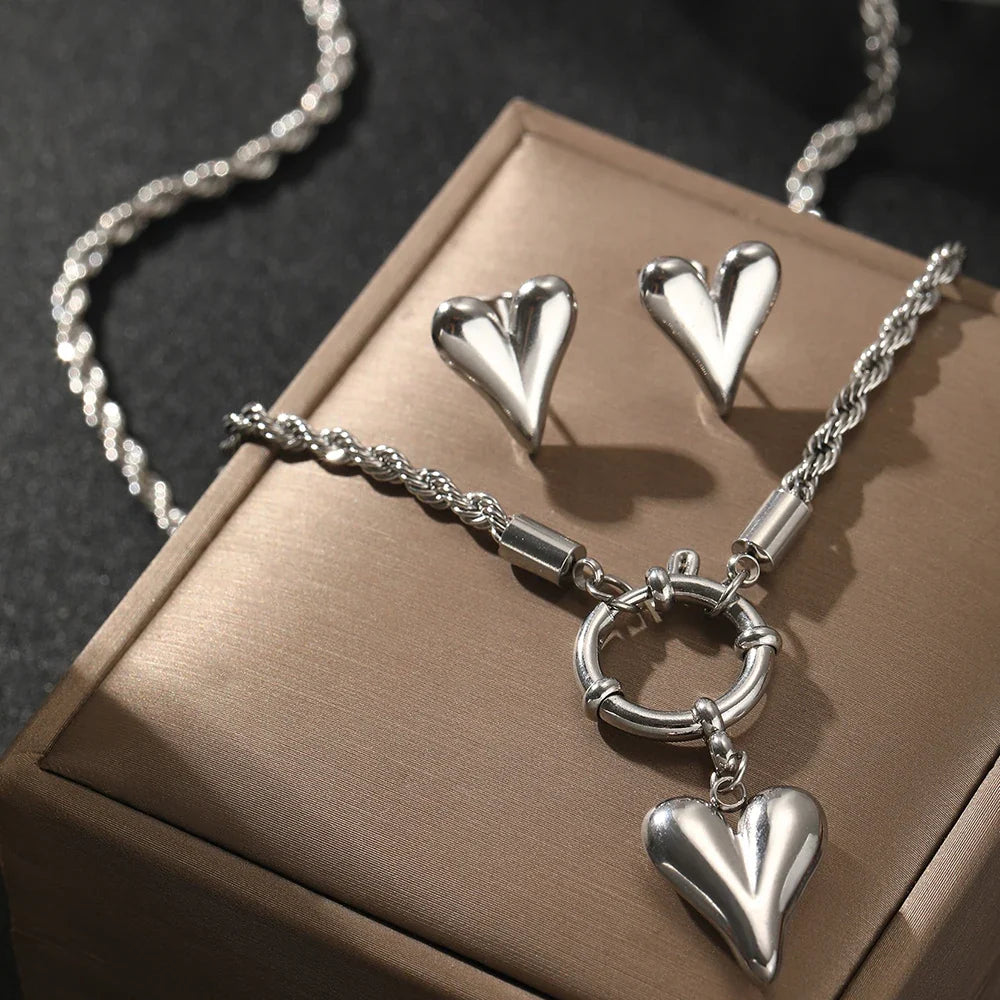 Rope Chain Anchor Clasp Heart Necklace and Earring Set