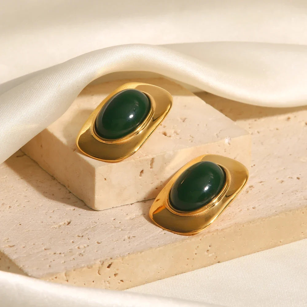 18k Green Oval Opal Rectangle Earrings