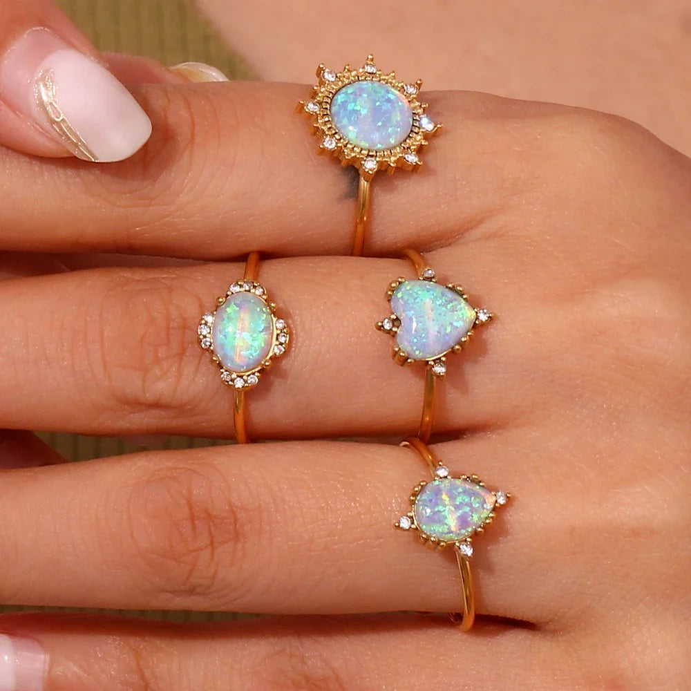 Adjustable Diamond Accented Opal Iridescent Rings