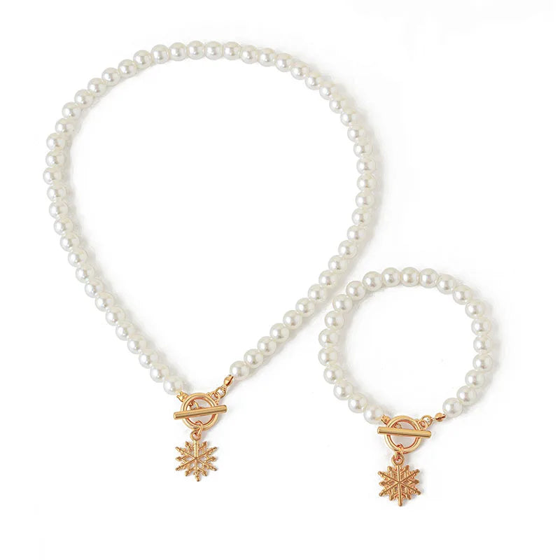 Beaded Pearl Snowflake Bracelet and Necklace Set