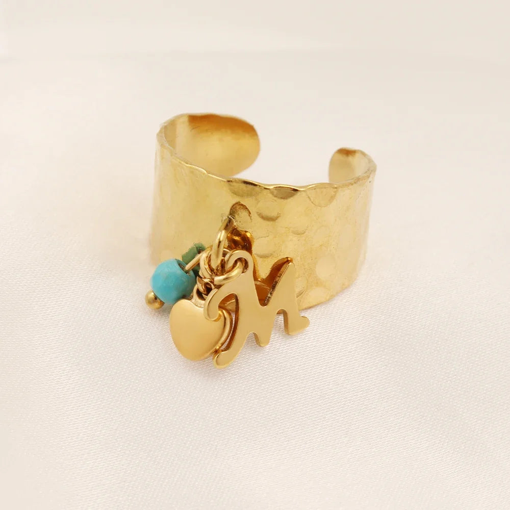 Dainty Adjustable Letter Initial & Heart Pendant Ring