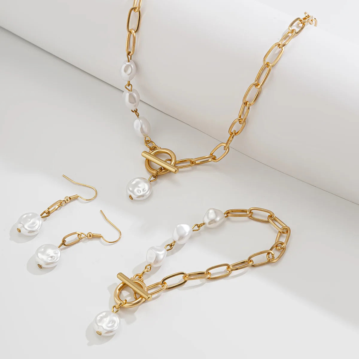 Classy Paperclip Pearl Necklace, Bracelet, and Earrings Set