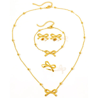 Feminine Bow Satellite Chain Necklace, Bracelet, Earrings, and Ring Set