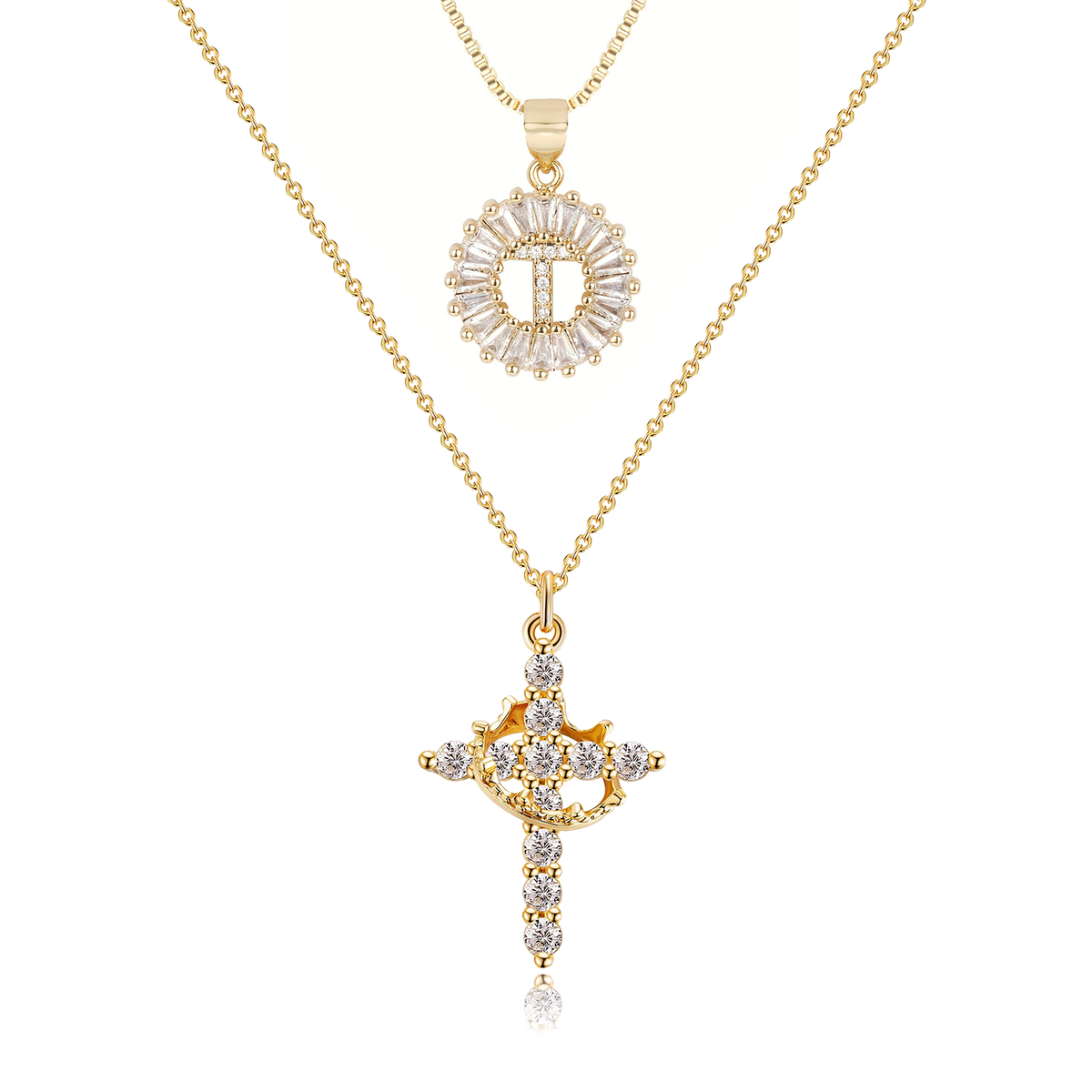 2pc 14k Diamond Cross Crown & Initial Necklace Set