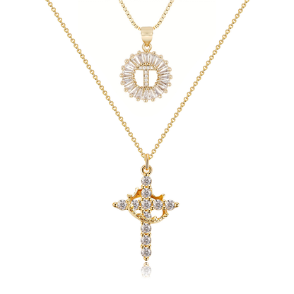 2pc 14k Diamond Cross Crown & Initial Necklace Set