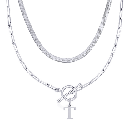 2pc Paperclip Initial Toggle Clasp & Herringbone Necklace Set
