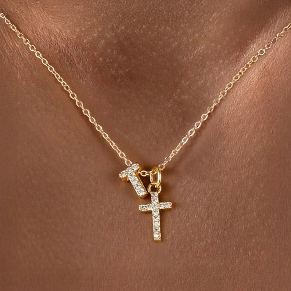 Dainty Diamond Initial & Cross Necklace