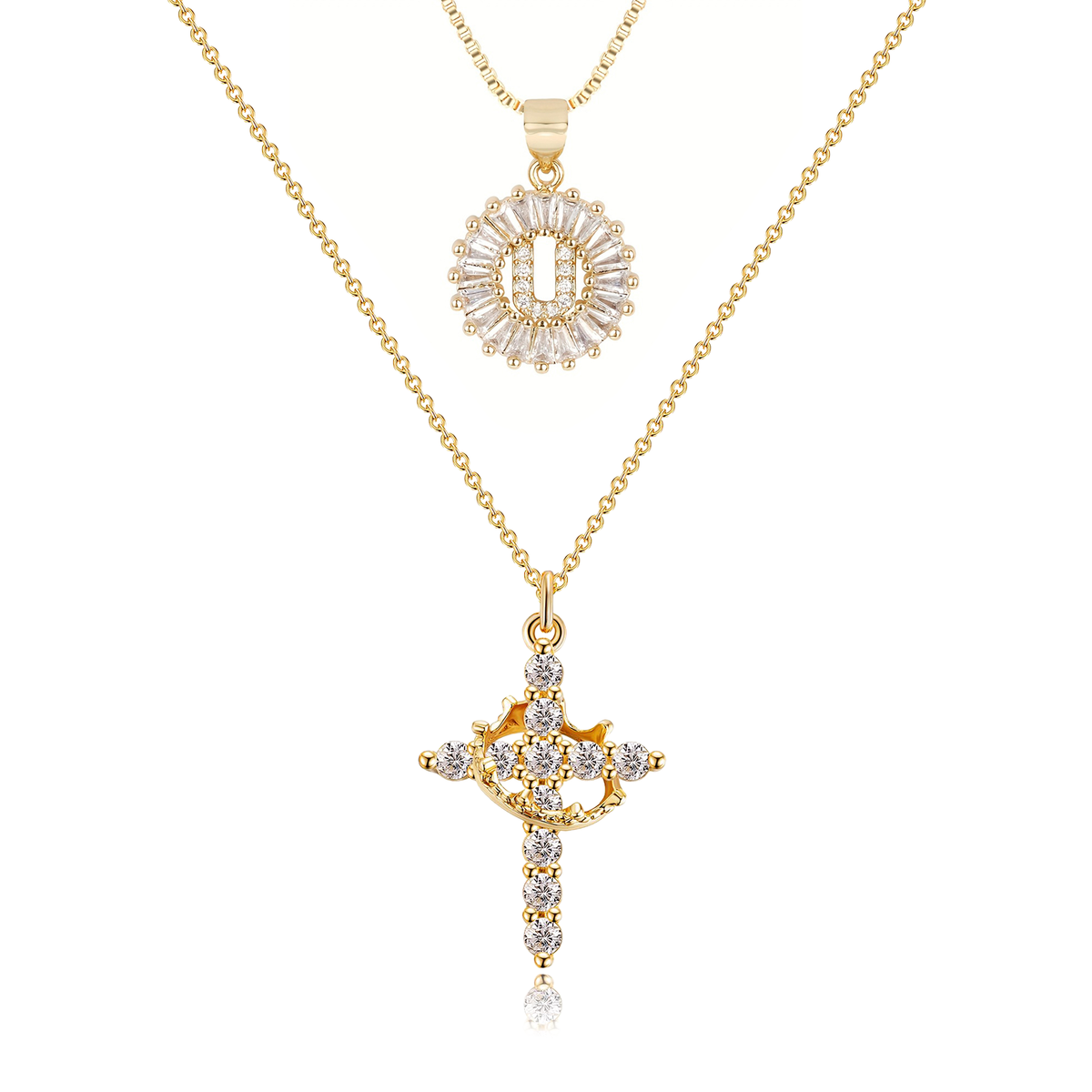 2pc 14k Diamond Cross Crown & Initial Necklace Set