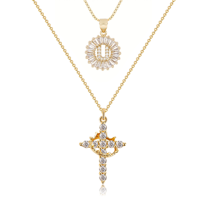 2pc 14k Diamond Cross Crown & Initial Necklace Set
