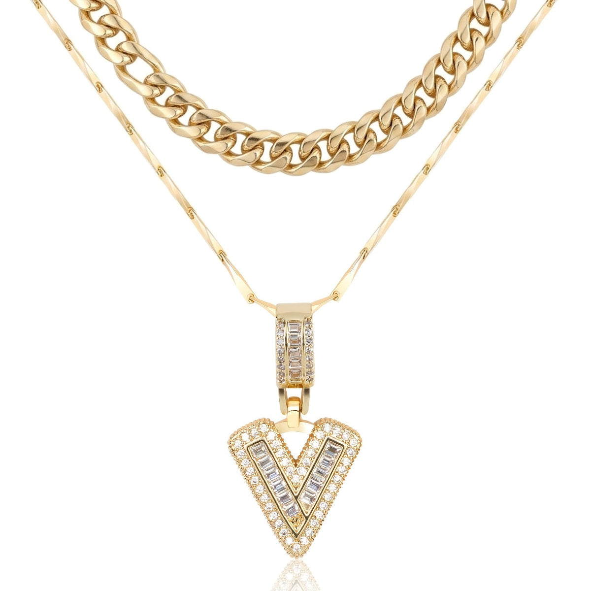 2pc 14k Layered Cuban & Initial Necklaces