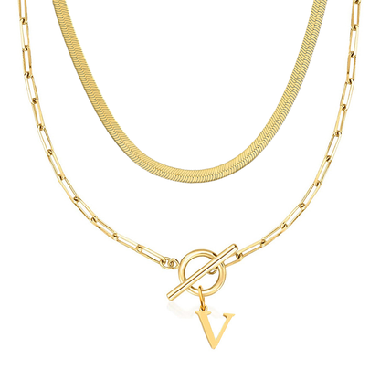 2pc Paperclip Initial Toggle Clasp & Herringbone Necklace Set