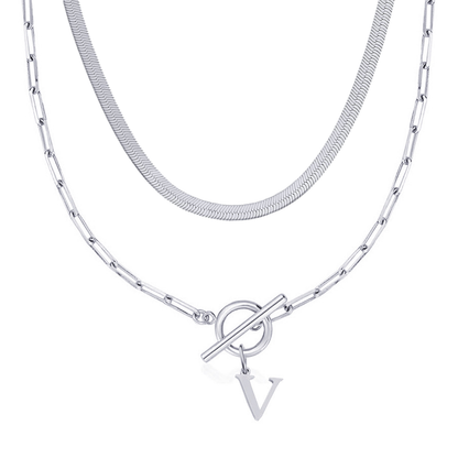 2pc Paperclip Initial Toggle Clasp & Herringbone Necklace Set
