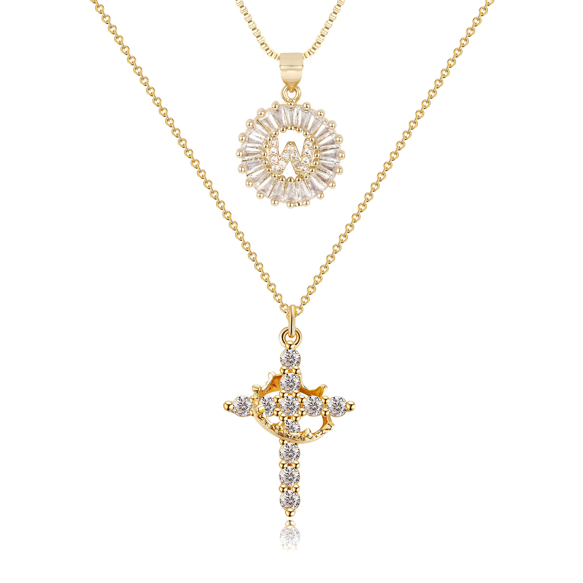 2pc 14k Diamond Cross Crown & Initial Necklace Set