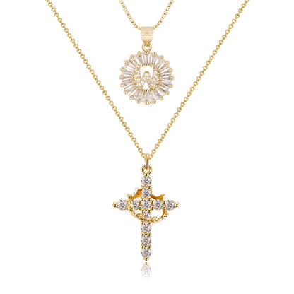 2pc 14k Diamond Cross Crown & Initial Necklace Set
