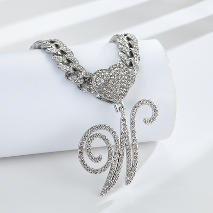 Cursive Diamond Accented Initial Cuban Heart Necklace