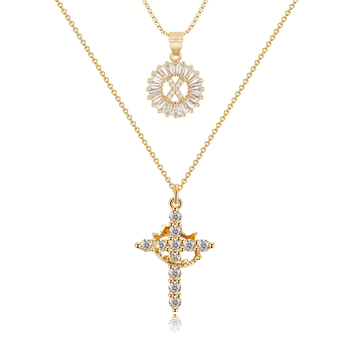 2pc 14k Diamond Cross Crown & Initial Necklace Set