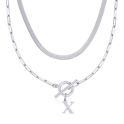 2pc Paperclip Initial Toggle Clasp & Herringbone Necklace Set