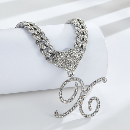 Cursive Diamond Accented Initial Cuban Heart Necklace