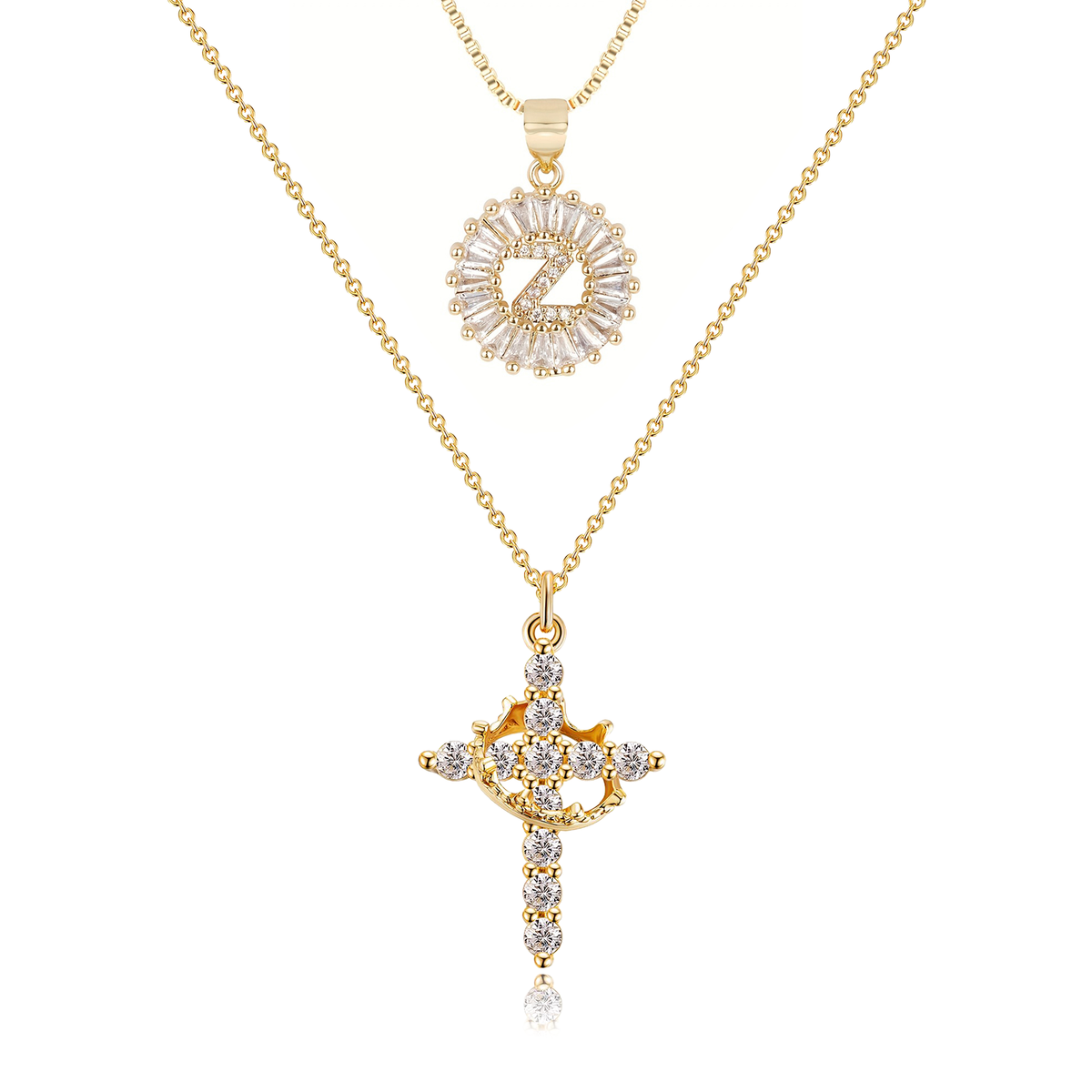2pc 14k Diamond Cross Crown & Initial Necklace Set