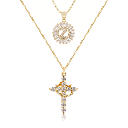 2pc 14k Diamond Cross Crown & Initial Necklace Set