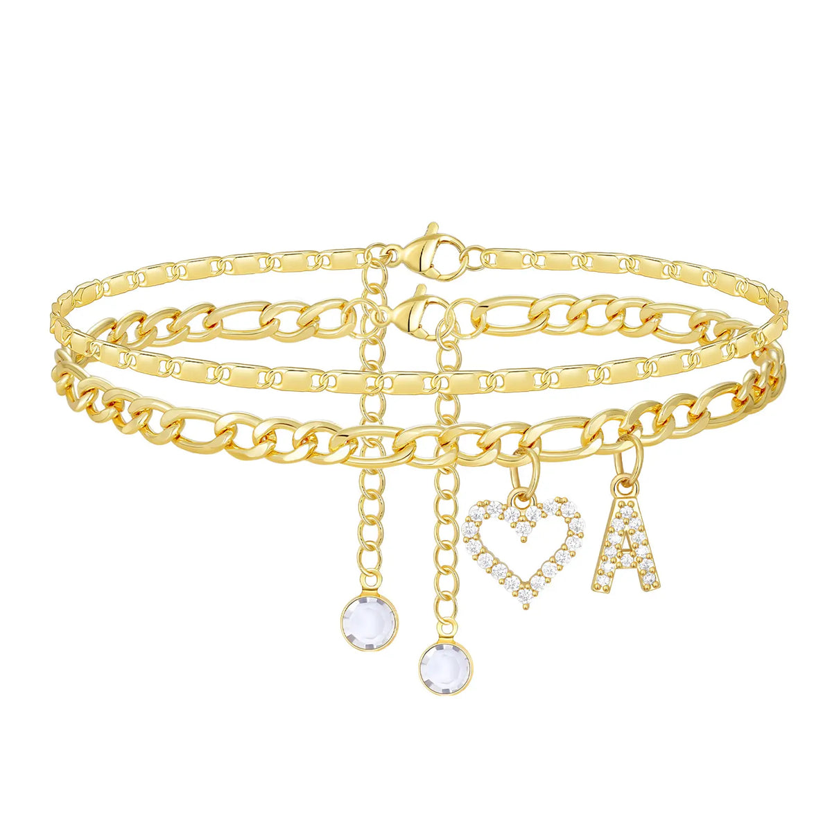 2pc 14k Letter Initial & Diamond Heart Anklet