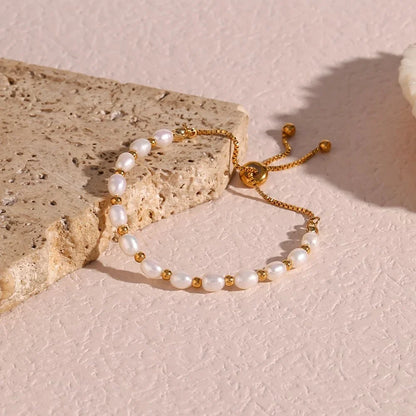 Adjustable Gold Accented Pearl Bracelet