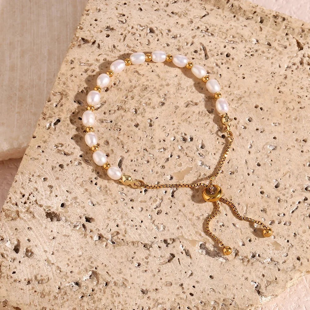 Adjustable Gold Accented Pearl Bracelet