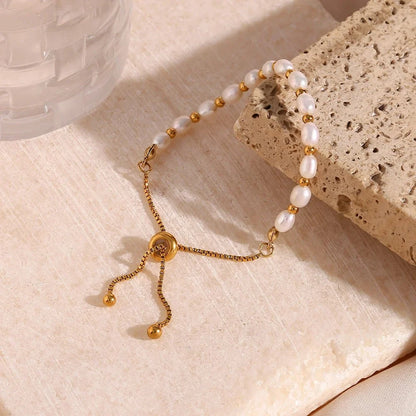 Adjustable Gold Accented Pearl Bracelet