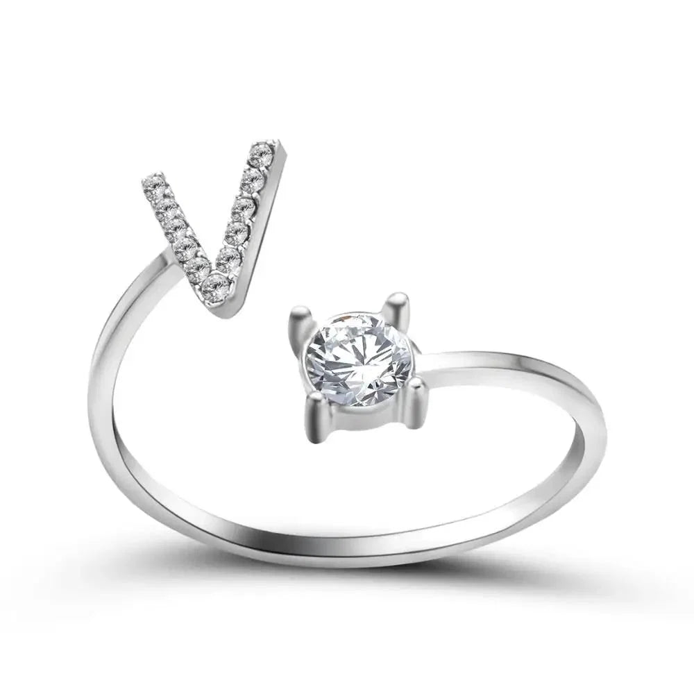 Adjustable Dainty Diamond Letter Initial Ring