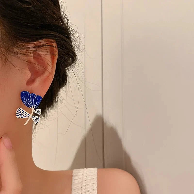 Artistic Blue & White Floral Earrings