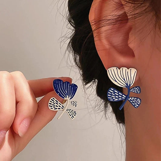 Artistic Blue & White Floral Earrings