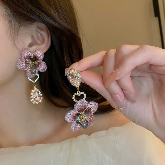 Asymmetrical Oriental Hibiscus Crystal Earrings