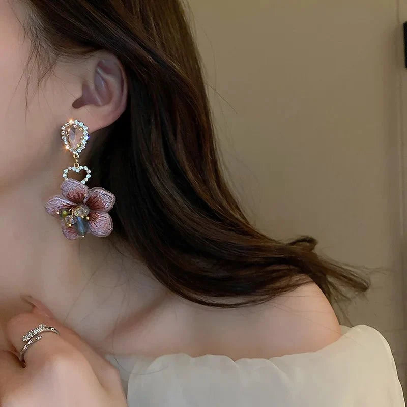 Asymmetrical Oriental Hibiscus Crystal Earrings
