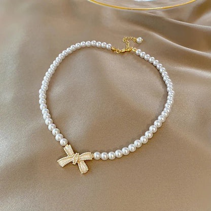Beaded Pearl Bow Necklace