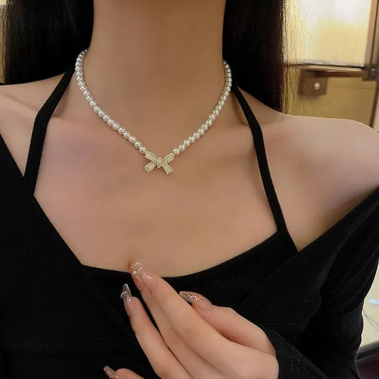 Beaded Pearl Bow Necklace